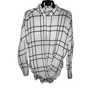 BDG WOMEN WHITE BLACK WINDOW PANE BUTTON FRONT TWIST FRONT FLANNEL BLOUSE SIZE S